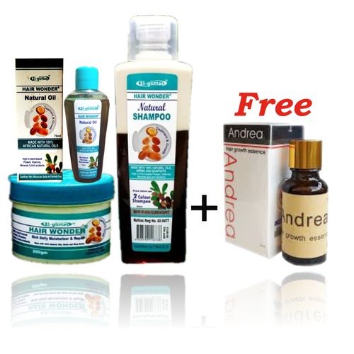El Glittas Hair Wonder Full Kit + Free Andrea Hair Growth Essence - (Hair Wonder Cream + Hair Wonder Oil + Hair Wonder Shampoo + Andrea Oil)